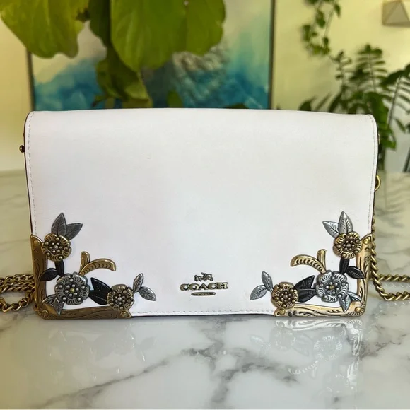 Coach Bags Coach Callie Foldover Chain Clutch With Metal Tea Rose 2499 Chalk Ivory Brass Poshmark